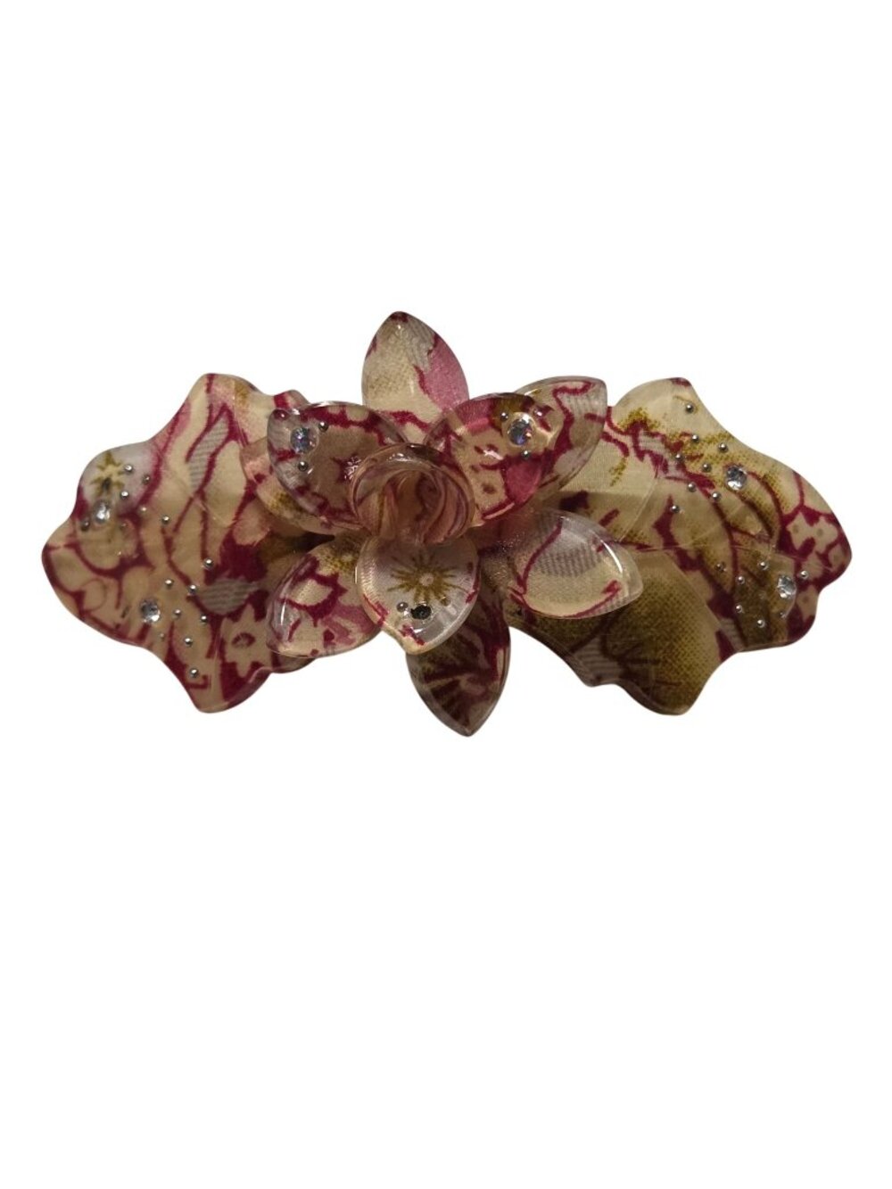 Vintage Floral Resin Hair Clip Rhinestone Accents Red Yellow Pattern Barrette